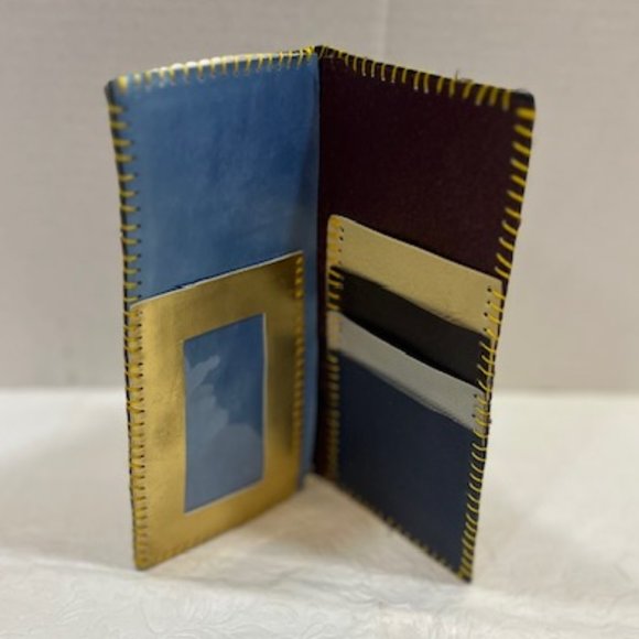 Handmade Pink Blue Leather Fabric FAITH Floral Wallet 3.75"x7.5" - Picture 2 of 9